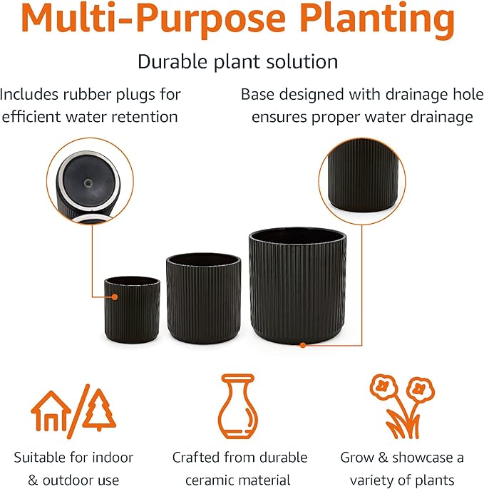 Amazon Basics Assorted Sizes Fluted Ceramic Round Planters, Set of 3, 6 inch, 8 inch, 10 inch, Black-Ruum Studio Home
