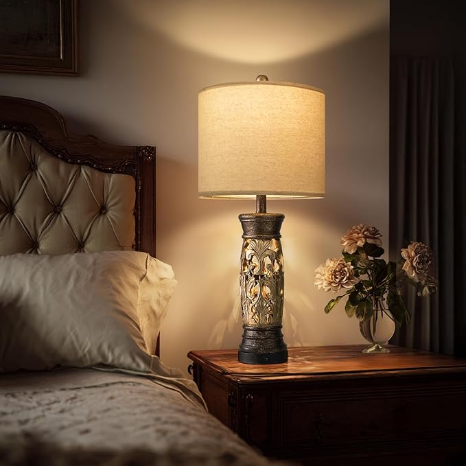 BOBOMOMO 27.25” Antique Gold Table Lamps Set of 2 – Farmhouse Bedside Lamps with Night Light & USB A+C Ports, Vintage Lamps for Bedroom, Living Room, Entryway, Nursery, Reading Nook(Bulbs Included-Ruum Studio Home