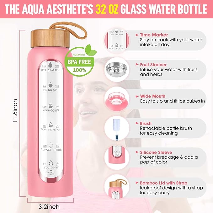 Aqulea Glass Water Bottles 25 Oz with Silicone Sleeve - BPA Free Reusable Wide Mouth Glass Motivational Water Bottles with Fruit Infuser – Leak Proof Borosilicate Water Bottle with Time Marker (Pink)-Ruum Studio Home