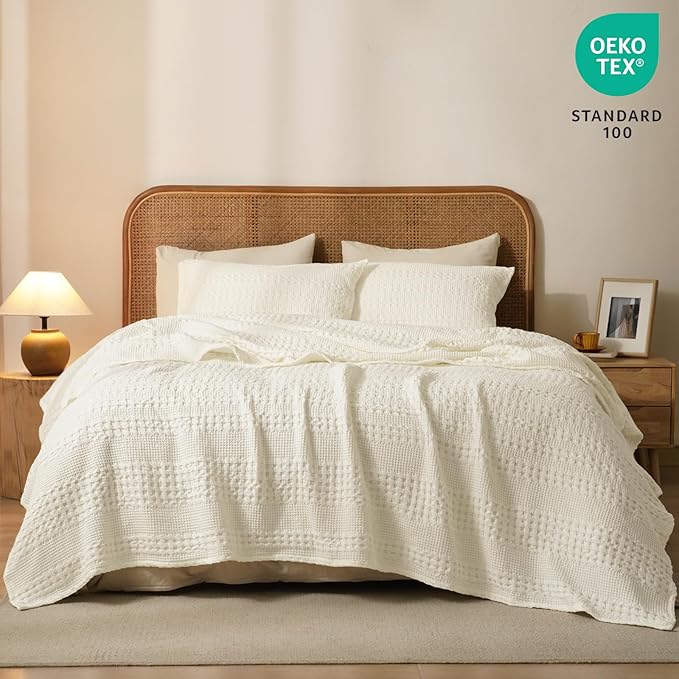 PHF 100% Cotton Waffle Weave Blanket Queen Size, Soft Lightweight Breathable Cozy Summer Blankets for Bed, Luxury Aesthetic Woven Bedding for Home Decor, 90"x90", Cannoli Cream-Ruum Studio Home