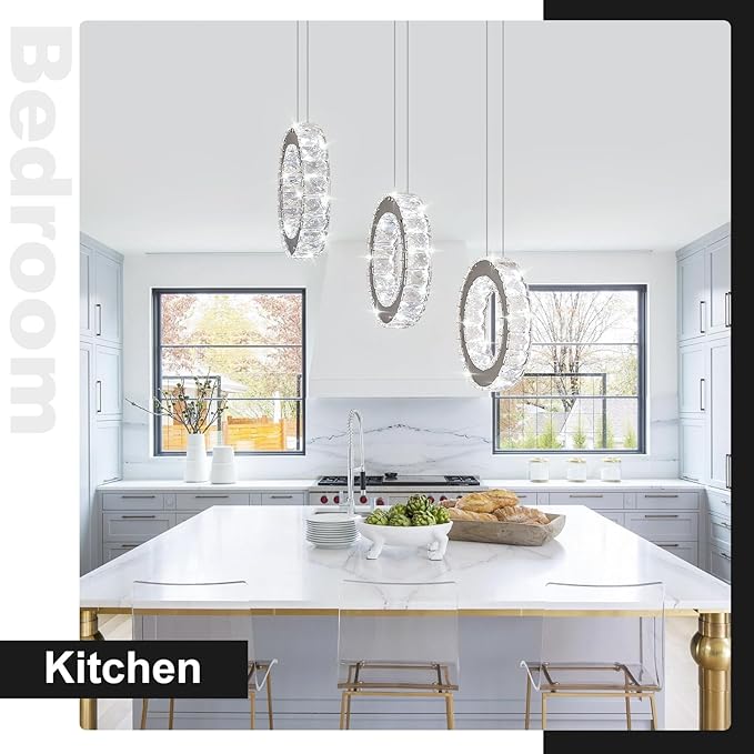 Buccleuch 3-Ring Crystal Chandelier, Dimmable LED Pendant Light Fixture Adjustable Stainless Steel Pendant Light, Silver Crystal Chandeliers for Dining Room, Bedroom, Living Room-Ruum Studio Home