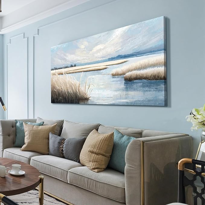 amatop Extra Large Coastal Marsh Landscape Wall Art – Neutral Blue Beige Wetland Canvas Print for Bedroom Living Room Office – Serene Nature Wall Decor,Oversized Ocean Artwork for Home Decoration-Ruum Studio Home