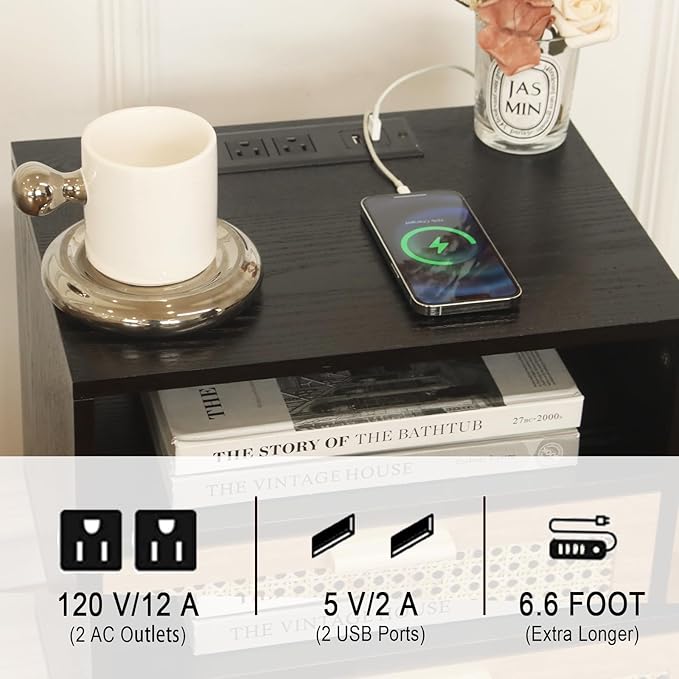 MaxSmeo Mid Century Modern Nightstand with Charging Station, Bedside Tables with Rattan Drawer, Small Wood Nightstand Side Table for Living Room,Bedroom (Black)-Ruum Studio Home