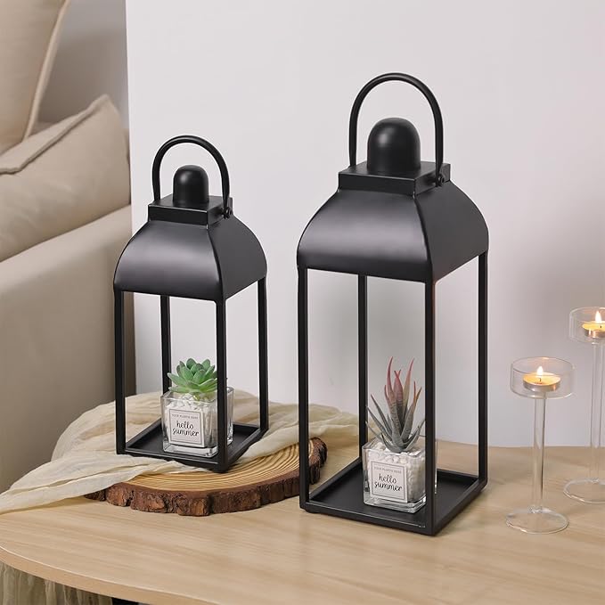 Lanterns Decorative Outdoor Indoor, Black Metal Outdoor Lanterns, 17'' 13'' Set of 2 Modern Farmhouse Candle Lantern Halloween Lanterns Centerpieces for Home, Wedding, Patio, Porch, Mantel-Ruum Studio Home