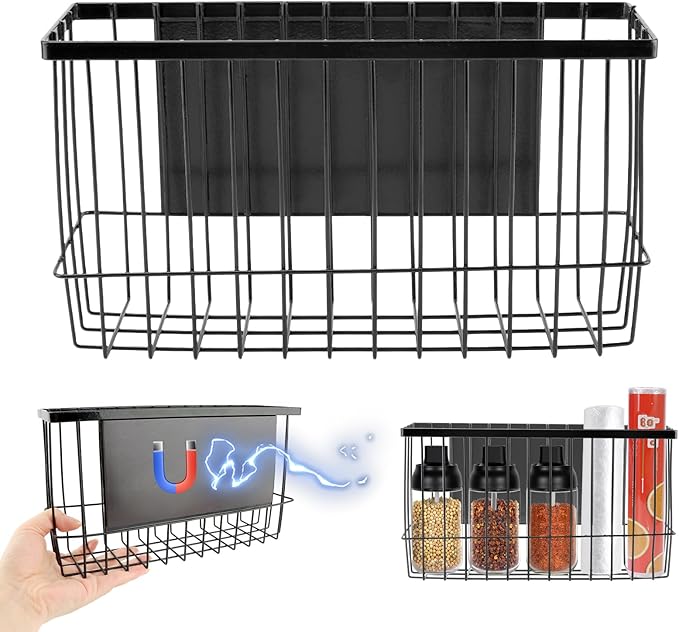 Magnetic Storage Basket Organizer for Fridge & Kitchen, 11lb Capacity Essentials Holder, No Tools Needed, Adjustable & Removable Spice Rack for Plastic Wrap, Foil, & More-Ruum Studio Home