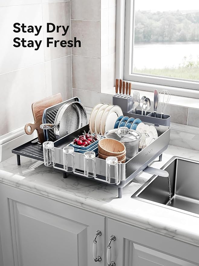 SUNLY Large Dish Drying Rack, Expandable Dish Racks for Kitchen Counter, Space Saving 304 Stainless Steel Drying Rack Kitchen, Extra Large Drainer with Multifunctional Flip Up Pegs, Gray-Ruum Studio Home