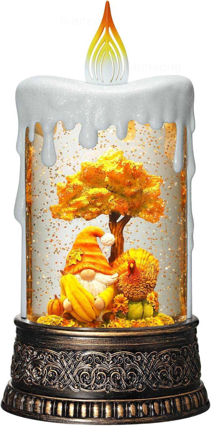 Fall Snow Globe Candle Fall Decorations for Home with Timer Gnome Turkey Pumpkin Autumn Harvest Fall Decor Indoor 9.7 inch-Ruum Studio Home