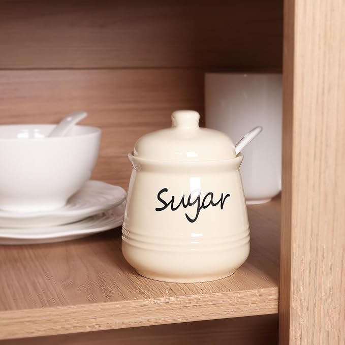 HAOTOP 12oz Sugar Bowl with Lid and Spoon,Ceramic Sugar Jar Sugar Dispenser Sugar Container Coffee Bar Accessories, Kitchen Countertop Canisters, Beige-Ruum Studio Home