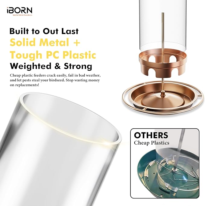 iBorn Bird Feeders for Outdoors Hanging,Metal Bird Feeders for Cardinal Chew Proof 18cm Large Roof&Tray Birdfeeders Outside Hanging,Brushed Copper 6 Port (Seed is not Included)-Ruum Studio Home