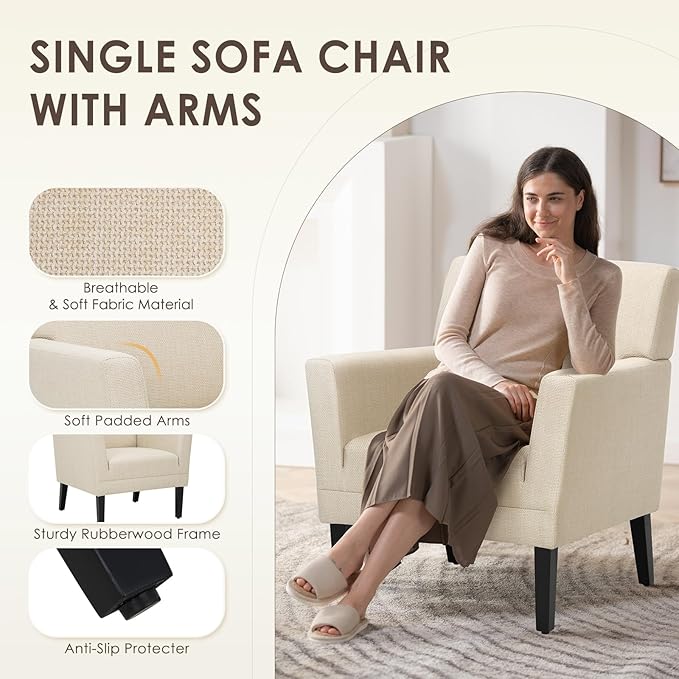 COLAMY Modern Accent Chair for Living Room, Upholstered Fabric Accent Armchair with Back, Soft Single Sofa Chair with Arms for Bedroom/Office/Reception Room, Oatmeal-Ruum Studio Home