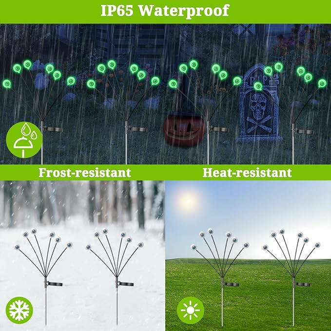 VOTTGO Halloween Solar Lights Outdoor, 8 Pack 48LED Scary Solar Eyeball Pathway Lights, 2 Modes Waterproof Swaying Solar Firefly Lights for Garden Yard Pathway Halloween Decorations, Green-Ruum Studio Home
