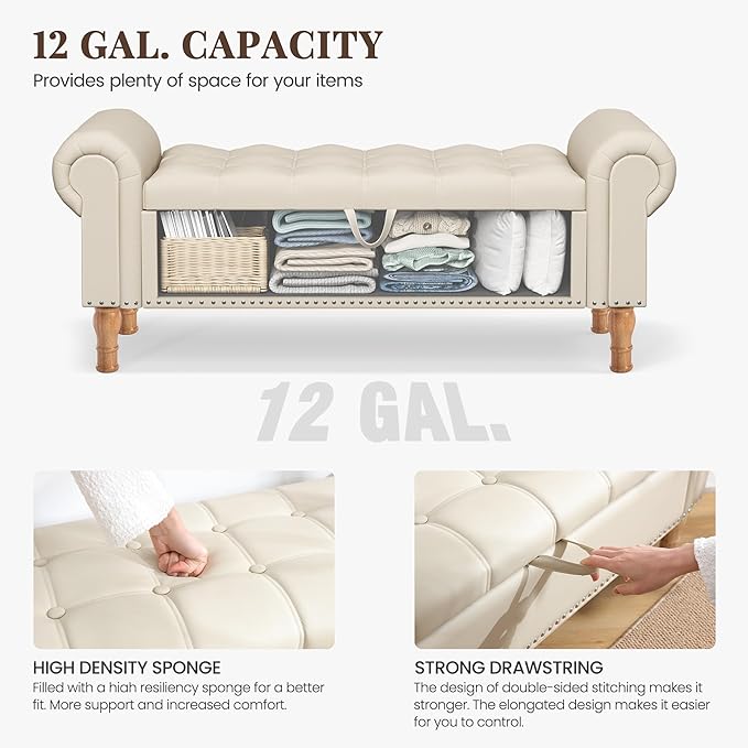 Storage Ottoman Bench for Bedroom, 51" Upholstered Bench with Rolled Arms and Vintage Rivets for Living Room, Full & Queen Leather Storage Bench with Button for Entryway, Beige+Nature Legs-Ruum Studio Home