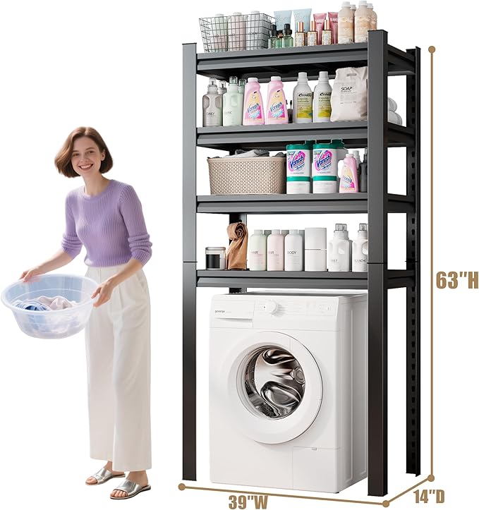 Upgraded Over The Toilet and Washer Storage Shelf,4 Tiers Laundry Room Standing Shelf,Bathroom Storage and Organizer Rack,Laundry Room Space Saver with Adjustable Shelves,39" W x 14" D x 63" H, Black-Ruum Studio Home