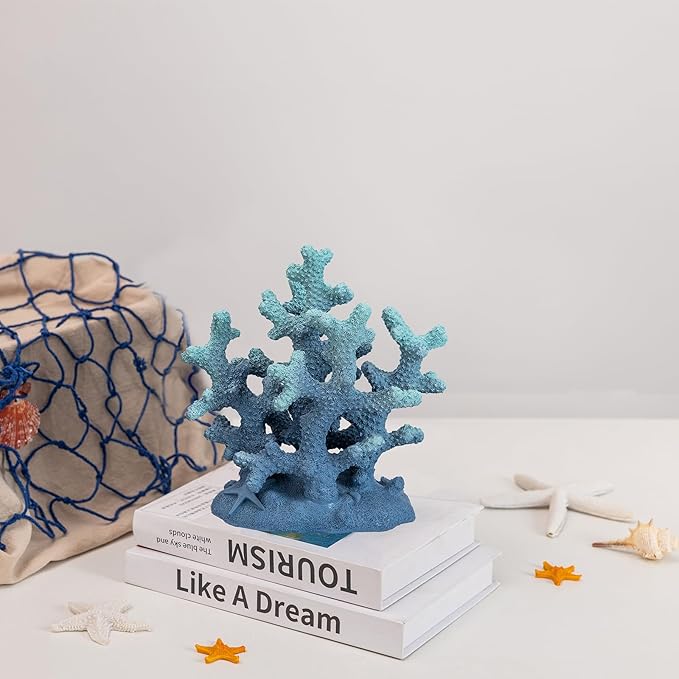 7.1" H Blue Coral Decor, Resin Coral Statue, Nautical Decorations for Home, Bedroom, Bathroom, Living Room, Beach/Coastal/Ocean Themed Cabinet Shelf Tabletop Decor-Ruum Studio Home
