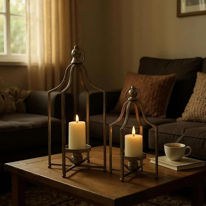 Large Tall Shabby Chic Lanterns Decorative Indoor Outdoor, Outside Gifts Front Porch Patio Vintage Metal Candle Holders, Fireplace Table Floor Farmhouse Rustic Decor Set of 2 (Antique Gold)-Ruum Studio Home