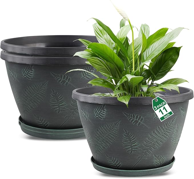 11 inch Plant Pot Set of 3, Plastic Flower Pots with Drainage Hole & Tray, Decorative Round Planters for Indoor Plants, Modern Outdoor Home Flowers Plants Garden Pots (Green)-Ruum Studio Home
