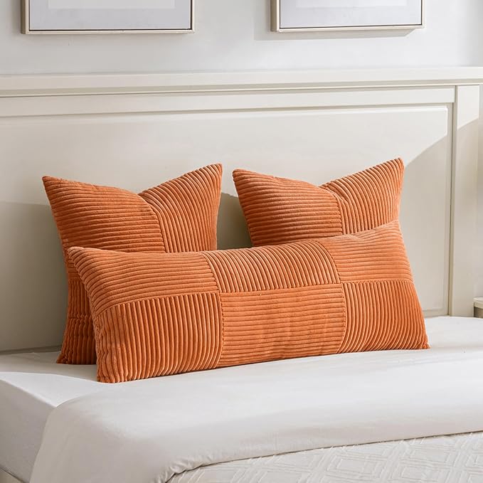 Fancy Homi 2 Packs Orange Euro Decorative Throw Pillow Covers 26x26 Inch for Living Room Couch Bed, Farmhouse Boho Home Decor, Soft Corss Corduroy Patchwork Textured Square Cushion Case 66x66 cm-Ruum Studio Home