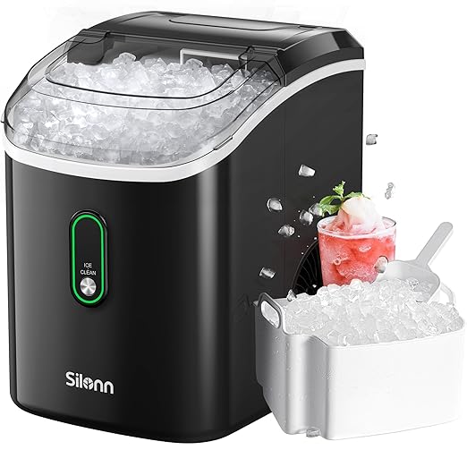 Silonn Nugget Ice Maker Countertop, Portable Pellet Ice Machine with Self-Cleaning Function, Sonic Ice Maker Produces 33lbs of Chewable Ice in 24 Hours, Ideal for Home Kitchen and Office, Black-Ruum Studio Home