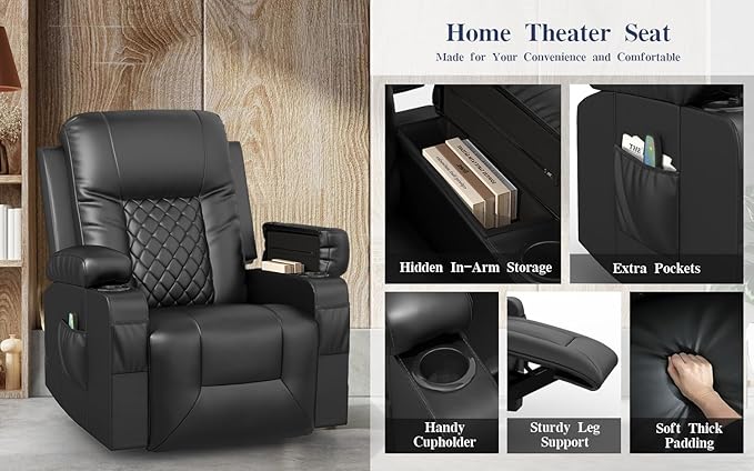 Recliner Chairs for Adults, FSC Certified Massage Rocker with Heated Modern Ergonomic Lounge 360 Degree Swivel Single Sofa Seat Living Room Lounge Recliners Black-Ruum Studio Home