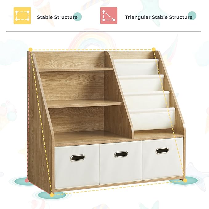 Kids Bookshelf, Kids Toy Storage Organizer with Storage Bins, Wooden Bookshelf and Book Display Shelf for Bedroom, Playroom, Nursery, Classroom, Teak Color-Ruum Studio Home