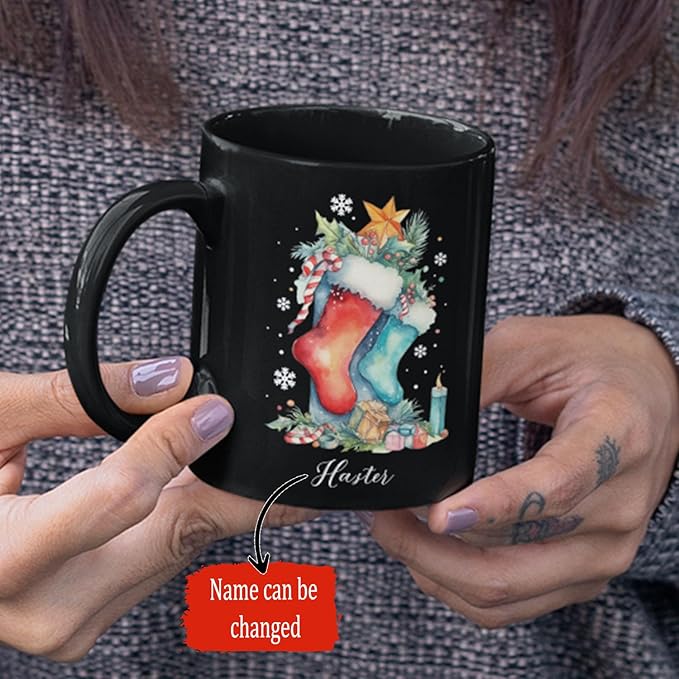 Custom Funny Christmas Cup, Christmas Sock With Gifts And Candle Design Mug, Customized Name Christmas Black Cup 11oz 15oz, Personalized Coffee Mug For Christmas, Christmas Sock Detailed Cup-Ruum Studio Home