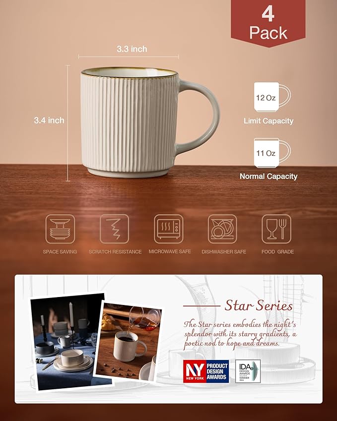 famiware Coffee Mug Set for 4, Star 12 oz Catering Mugs Cup Set with Handle for Coffee, Tea, Cocoa, Milk - Ceramic Stoneware Drinkware Set, White-Ruum Studio Home
