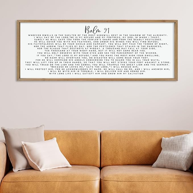 LuZhiQiang Psalm 91 Wall Decor Art 40"×15" Bible Verse Sign for Family Bedroom Christian Large Wood Framed Wall Hanging (Wood)-Ruum Studio Home