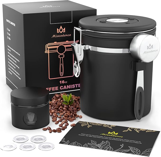 Coffee canister set for ground coffee with Date Tracker,Co2 Valve,Travel jar,Stainless Steel Kitchen Food Airtight storage container for Coffee Beans or Grounds,Tea,Sugar (16oz-Black)-Ruum Studio Home