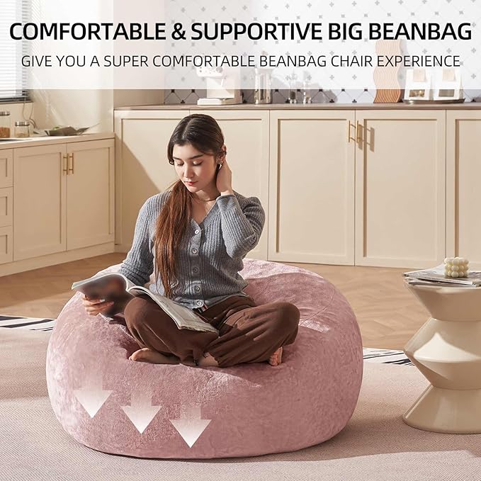Bean Bag Chair 3Ft, Memory Foam Filled, Large Beanbag Chairs for Adults and Teens, Soft Sofa with Removable Flannel Cover, Round Couch for Living Room Bedroom College Dorm (Pink, 3FT-36×36"×24")-Ruum Studio Home