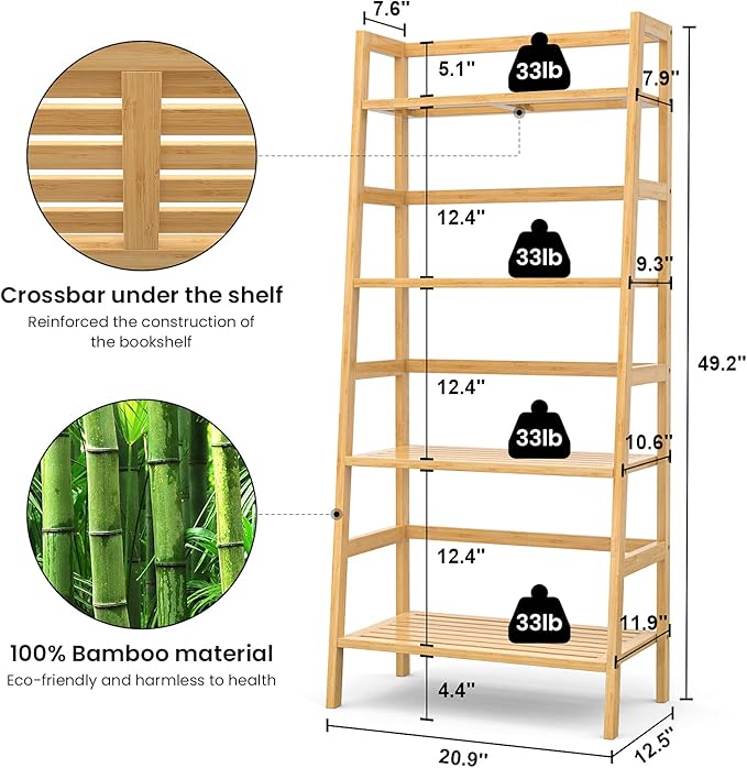 Homykic Bamboo Bookshelf 4-Tier Ladder Shelf, 49.2” Freestanding Open Bookcase Book Shelf Bathroom Storage Shelf Unit Plant Stand for Small Space, Bedroom, Living Room, Home Office, Natural-Ruum Studio Home