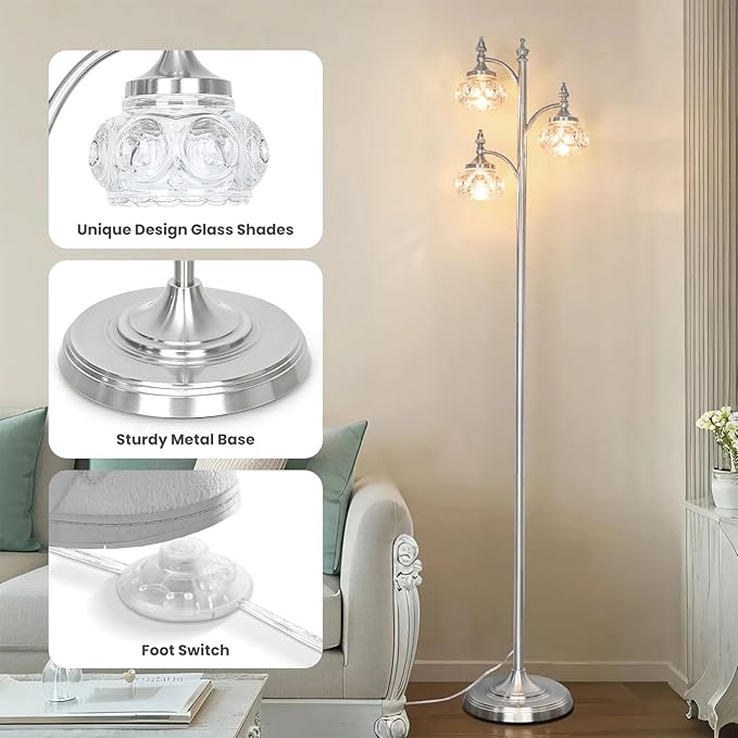 Brushed Nickel Floor Lamp 66.5'' Tall Standing Lamp Dimmable Tree Floor Lamps with 3 LED Lights Glass Shades Silver Lamp for Living Room Bedroom Office(3 Bulbs Included)-Ruum Studio Home