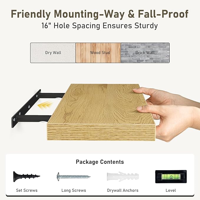 Floating Shelves Wall Shelf 48 Inch, 9.3 Inch Deep Floating Shelf for Wall, Farmhouse Black Wood Shelves Invisible Bracket for Living Room, Bedroom, Kitchen, 48 x 9.3 x 1.4 Inch, Set of 2, Oak Color-Ruum Studio Home
