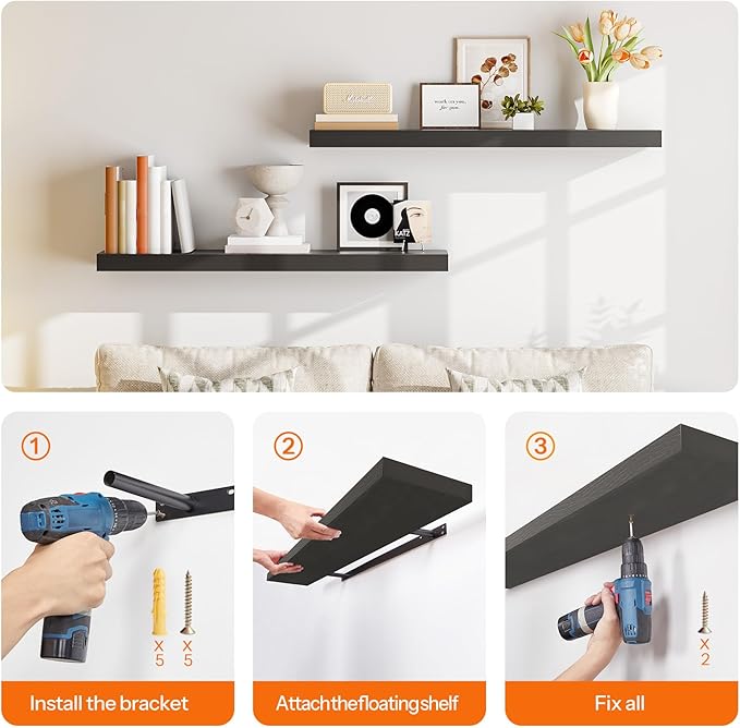 HOOBRO Floating Shelves for Wall, Wall Mounted Shelf Set of 2, 39.4" Hanging Shelf with Invisible Brackets, for Wall in Bathroom, Bedroom, Toilet, Kitchen, Livingroom, Office, Black BK100BJP201-Ruum Studio Home