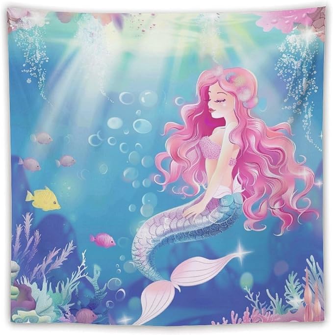 HZOHNAGO Mermaid Girls Tapestry Watercolor Mermaid Princess Pink Hair Pattern for Kids Room Decoration Printed Wall Tapestry Wall Hanging for Bedroom Living Room Dorm 60" W x 60" H-Ruum Studio Home