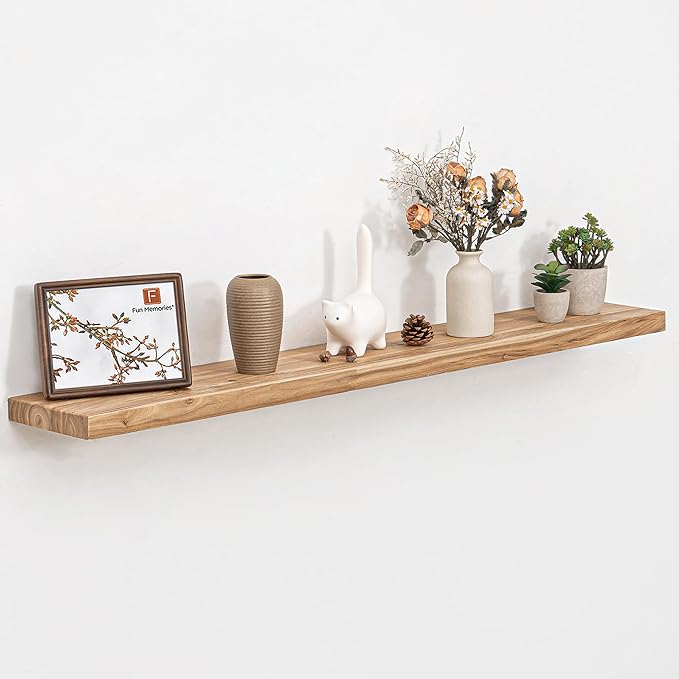 Fun Memories Wood Floating Shelves for Wall, 48 Inch Floating Shelves Wall Mounted, Rustic Elm Wood Shelf for Home Decor, Heavy-Duty Storage Shelves for Living Room, Bathroom, Kitchen, Natural Finish-Ruum Studio Home