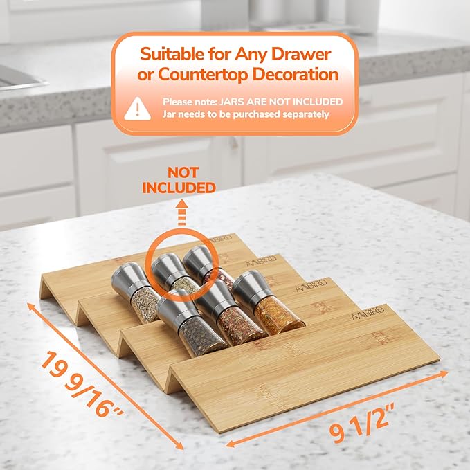 AMBIRD Bamboo Spice Drawer Organizer with Non-slip Mat,4 Tier Jar Spice Rack Tray 9.5'',Seasoning Organizer for Kitchen,Cabinet,Drawers,Countertop-Ruum Studio Home