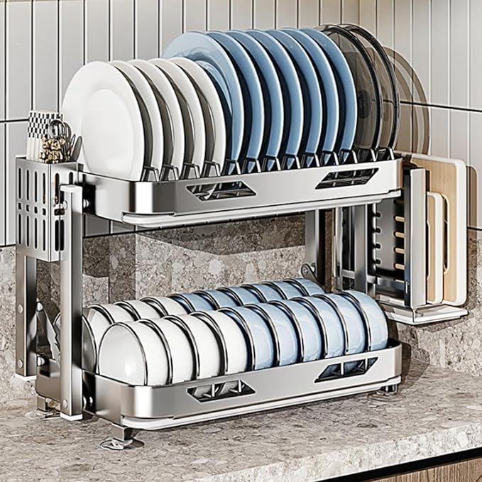 Dish Drying Rack with Drain Board - Rustproof Stainless Steel Dish Rack with Utensil Holder,Dish Racks for Kitchen Counter Over Sink,Over-Sink Drying Rack(Countertop,Second Floor)-Ruum Studio Home