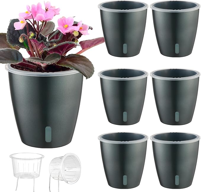 Self Watering Pots for Indoor Plants, 6-Pack 5'' Self Watering Planter with Drainage Holes, Small African Violet Pots with Water Indicator, Clear Wick Orchid Pot, Grey-Ruum Studio Home