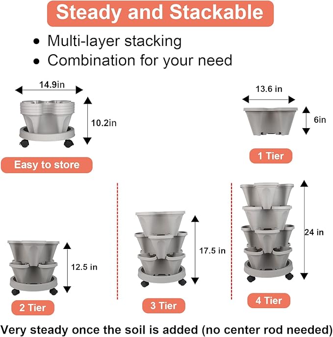 Vertical Planter 4 Tier Stackable Planters Garden Planters Strawberry Herb Flower and Vegetable Planter Indoor Outdoor Gardening Pots with Removable Wheels and Tools 2-Pack-Ruum Studio Home