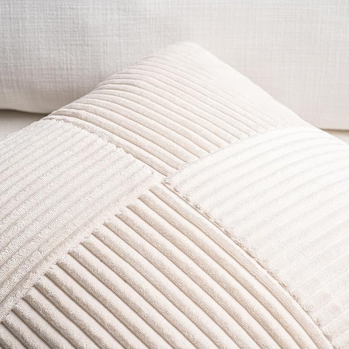 Fancy Homi Set of 2 Cream Boho Long Lumbar Body Decorative Throw Pillow Cover 14x36 Inch for Bed Couch Bedroom Bench, Soft Patchwork Corduroy Textured Pillow Case, Rustic Farmhouse Room Décor-Ruum Studio Home