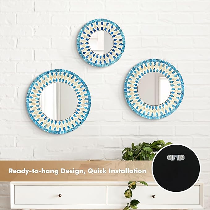 TEIPAI Handmade Mother of Pearl Mirror for Wall Decor, 3PCS Round Decorative Mirrors for Beach Nautical Home Hotel Coffee Shop, Natural Plate Art Hanging Sculpture for Dorm Apartment Entryway (Blue)-Ruum Studio Home