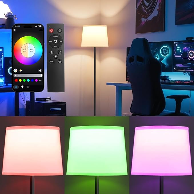 Floor Lamp for Living Room Bedroom,Modern Floor Lamp with Remote, Simple Design with White Shade,Foot Pedal Switch,Dimmable Colors Temperature,9W RGB LED Bulb-Ruum Studio Home