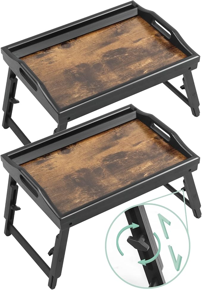 2 Pack Bed Tray Table Breakfast Trays Serving Tray Adjustable Height for Eating Bamboo Bed Laptap Floding Legs with Handles and Phone Holders-Ruum Studio Home