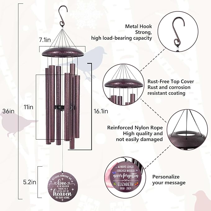 ASTARIN 36" Large Deep Tone Personalized Sympathy Wind Chimes, Memorial Wind Chime for Loss of Mother Father Loved One, Bereavement Gifts Decor Outdoor Patio Garden Graveyard-Ruum Studio Home