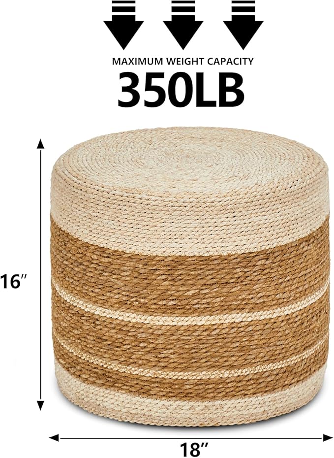 Wimarsbon 18'' Ottoman Pouf, Natural Braided Poof, Rustic Handweave Lounge Pouffe, Boho Footrest Stool for Bedroom, Accent Table or Seat for Living Room-Ruum Studio Home
