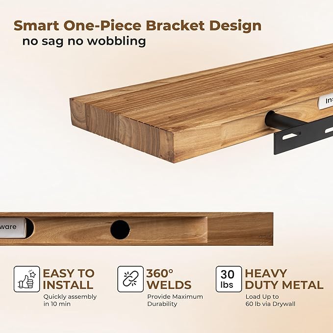 Axeman Floating Shelves for Wall - 32''W x 8'' D Rustic Solid Elm Wood Shelves for Storage, Wall Mounted Display Shelving with Invisible Heavy-Duty Metal Bracket (Natural, 2PCs)-Ruum Studio Home