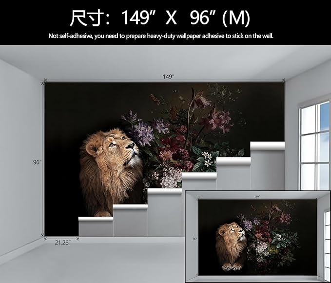 Lion Floral Wallpaper Nursery Wildlife Background Wall Mural Children's Room (Not Peel and Stick)-Ruum Studio Home