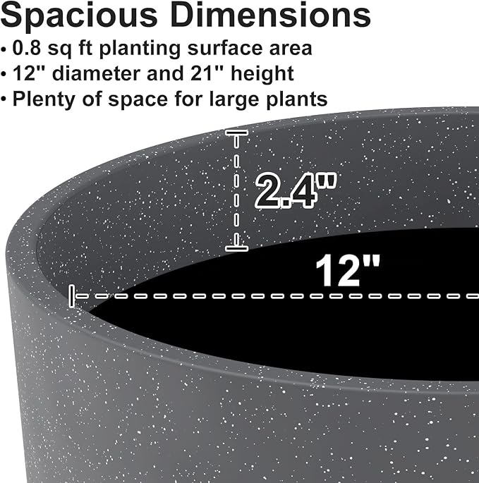 GameXcel Tall Flower Pot Indoor - Outdoor Plant Pot - Black Glossy Planter - Elegant Stone Imitation - 12" Diameter 21" Tall with Drainage Holes and Saucer 2Pack-Ruum Studio Home