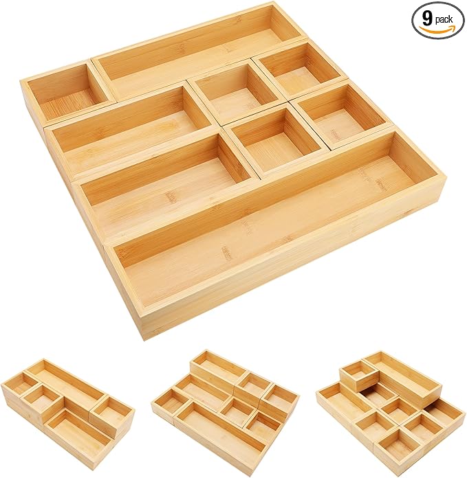 Bamboo Drawer Organizer Set, 9 PCS Multi-Use Individual Wood Storage Organizers, Junk Drawer Divider and Storage Trays Containers for Kitchen, Bathroom, Office Desk, Makeup, Jewelry, Utensils-Ruum Studio Home