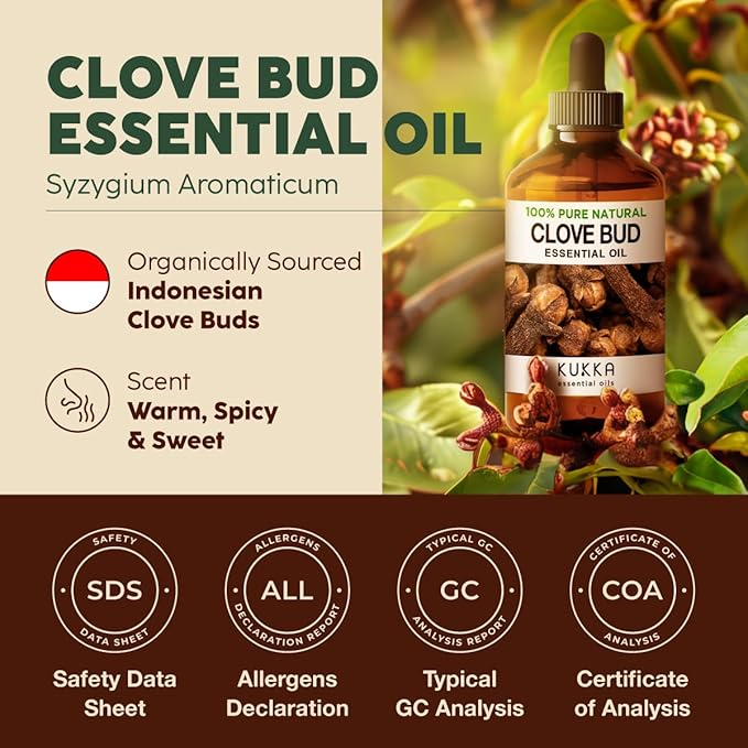Kukka Clove Oil for Teeth and Gums - 4 Fl Oz - 100% Pure Natural Clove Essential Oil - Steam distilled from Flower Buds for Potency - Perfect Solution for Oral Care, Hair, Diffuser & Soap Making Scent-Ruum Studio Home